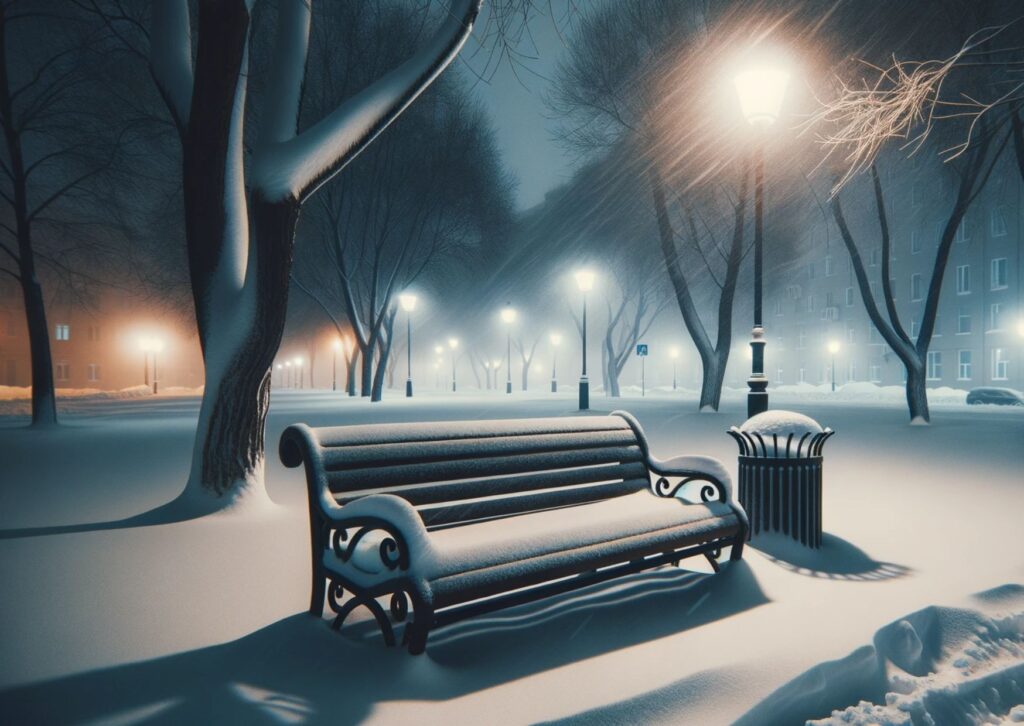 a-cold-frosted-bench-outside-in-the-snow-on-a-winter-evening