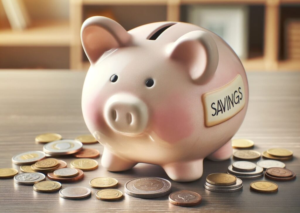 classic ceramic piggy bank sitting on a wooden table. The piggy bank is pastel pink with a slot on its back. Around it are scattered coins