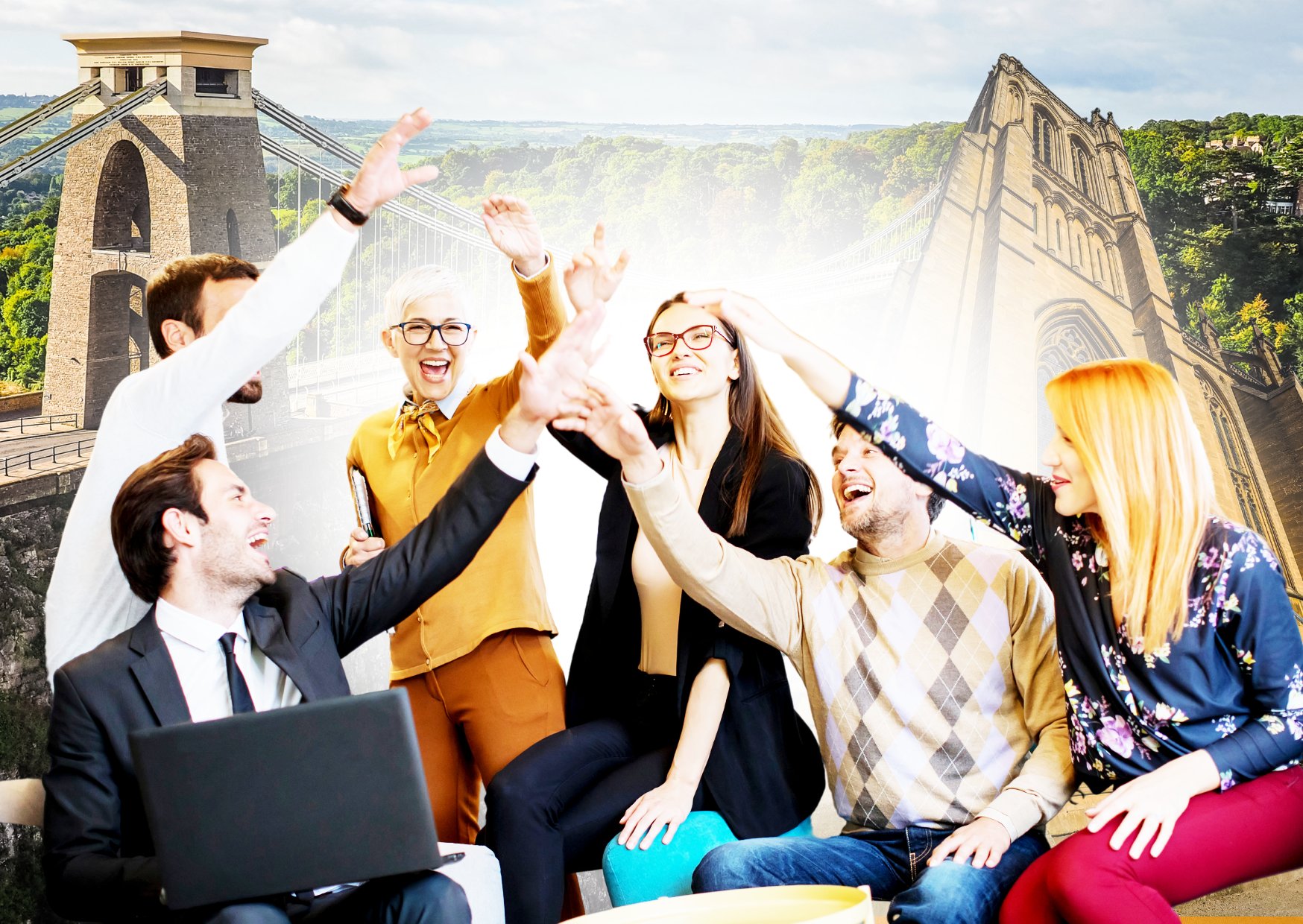 colleagues-doing-a-team-building-exercise-with-bristol-landmarks-in-the-background