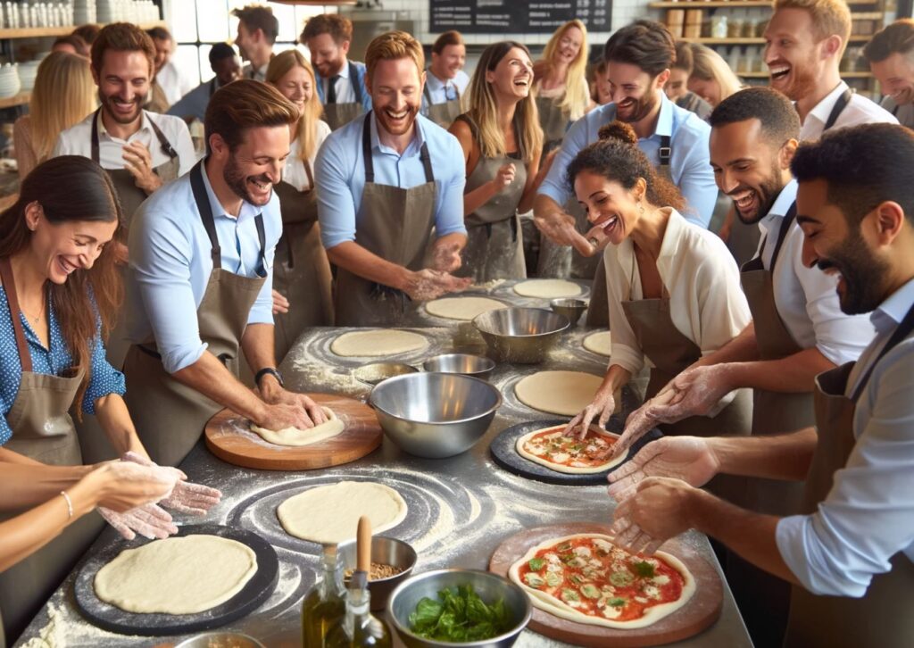 corporate-employees-making-pizza-at-a-team-away-day