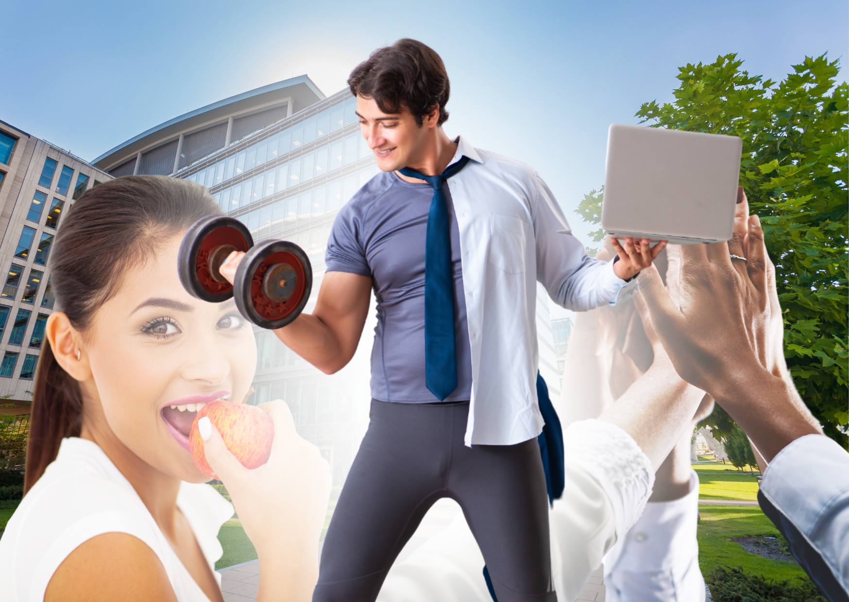 creating-a-wellness-culture-in-the-workplace-blog-cover-with-man-half-dressed-in-gym-clothes-half-in-office-clothes-woman-eating-apple-in-background