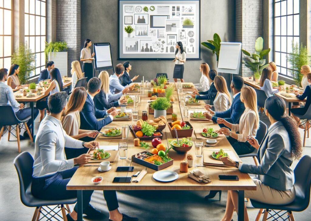 employees-at-a-lunch-and-learn-session-with-lots-of-nutritious-lunch-on-the-table