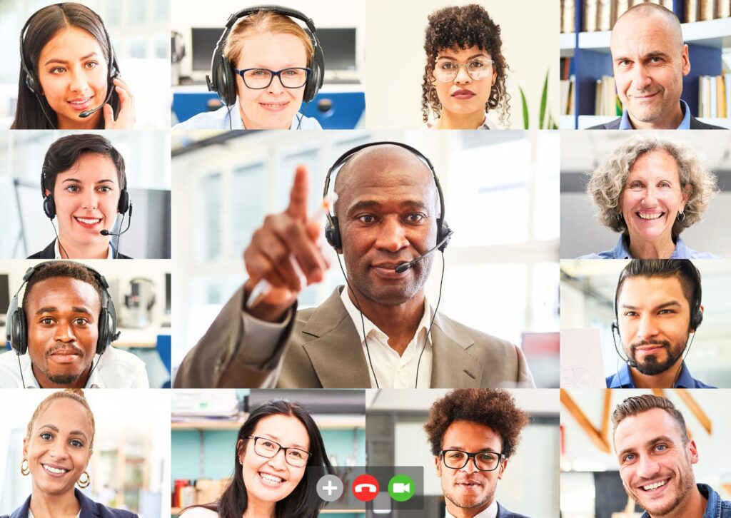 employees in an online team meeting