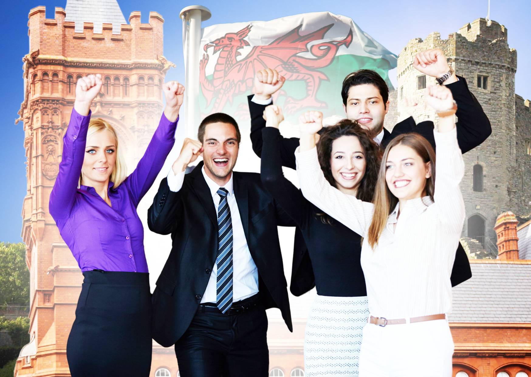 happy-team-Infront-of-Cardiff-landmarks-and-the-Welsh-flag