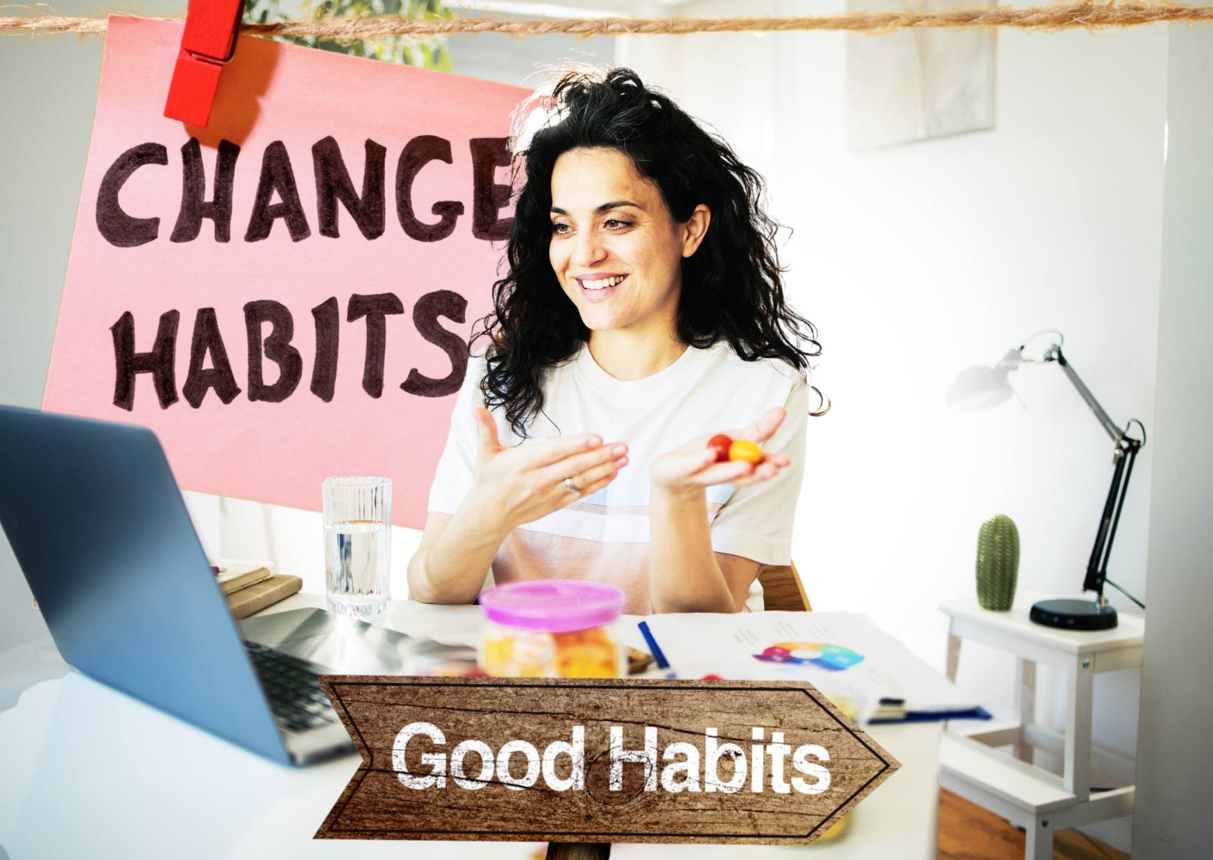 lady-at-work-with-a-change-habits-sign-behind-her-head