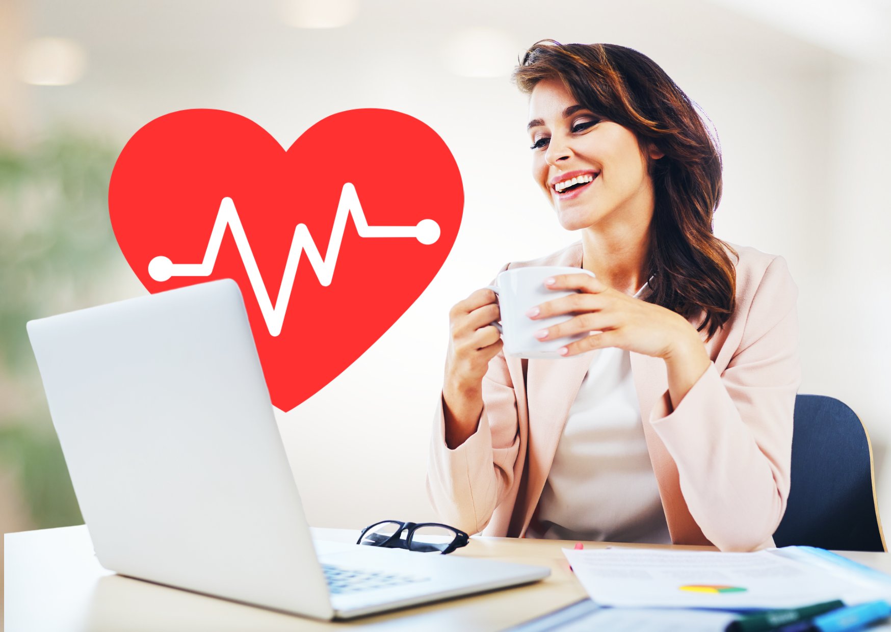 lady-working-from-home-with-health-symbol-next-to-her