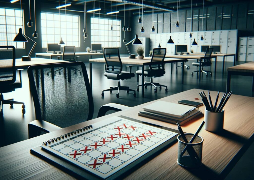 Photo of a modern office space with empty chairs and desks, indicating absenteeism of employees.