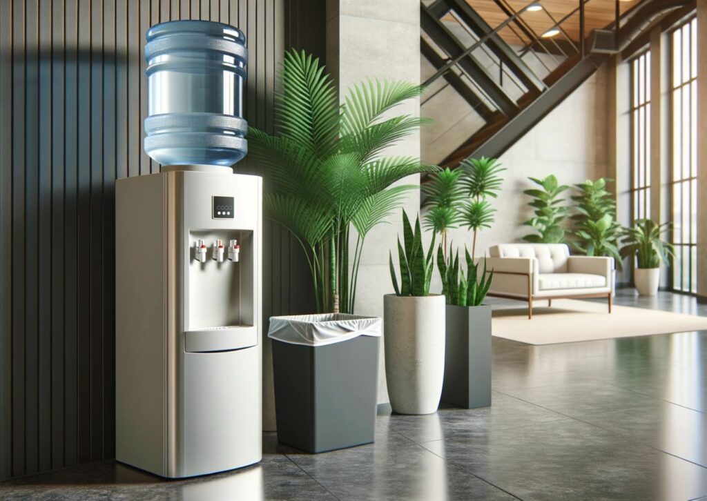 Photo of a sleek water cooler in a modern office corridor, with a recycle bin for used cups nearby and potted plants adding a touch of greenery