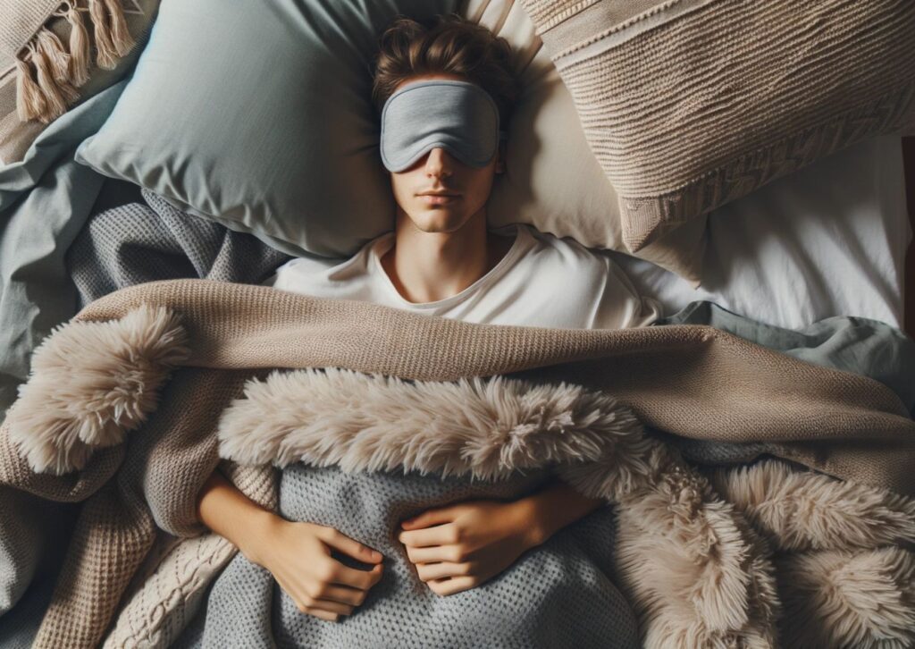 Top-down view of a person sleeping in bed, draped in cozy blankets. They have an eye mask on, emphasizing undisturbed slumber.