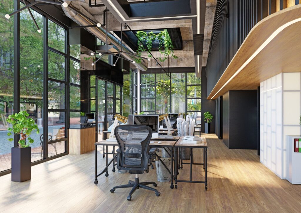 well lit office space with an ergonomic chair