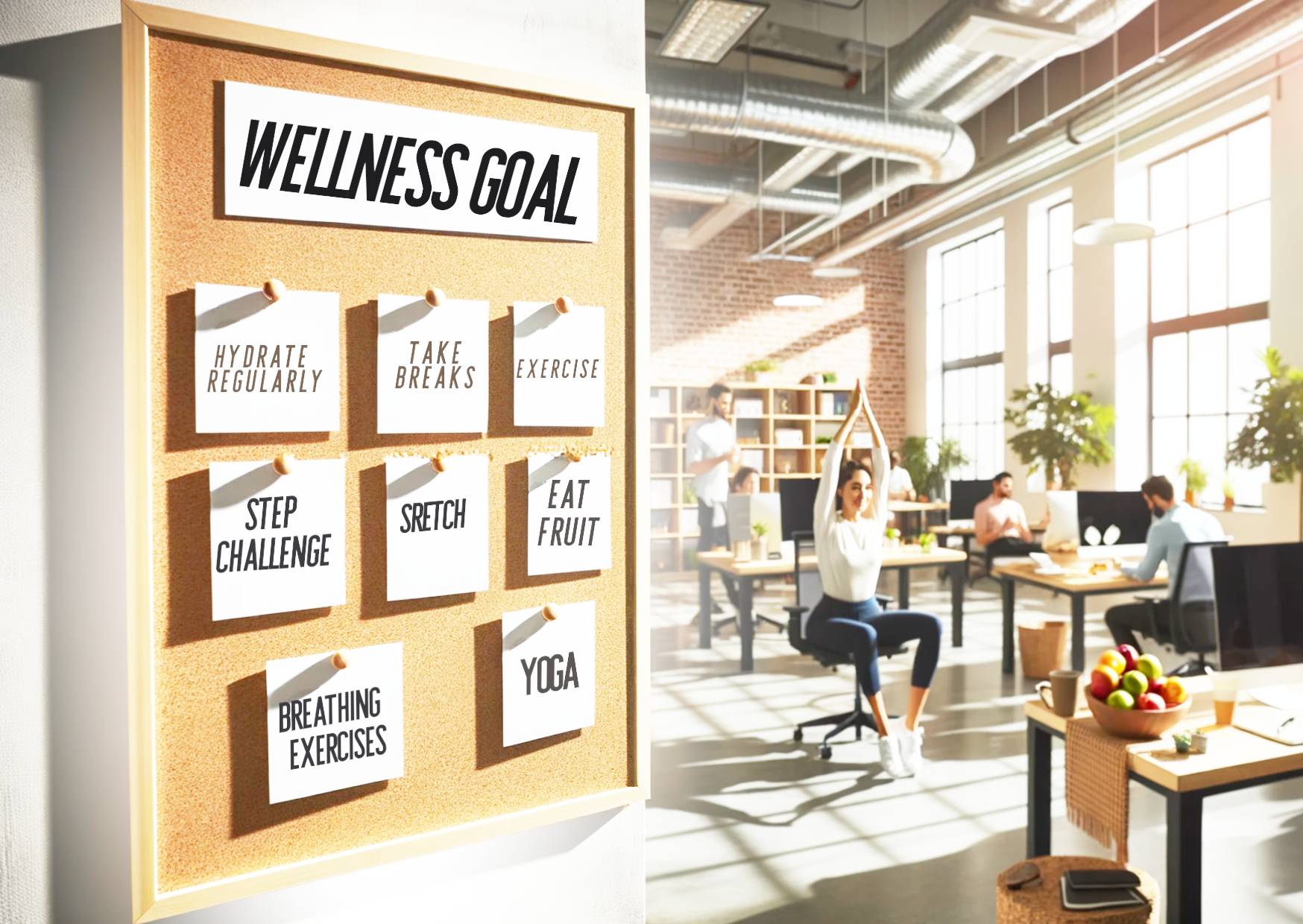 wellness-goal-on-a-pinned-board-with-lots-of-written-goals-in-an-office-with-healthy-fruit