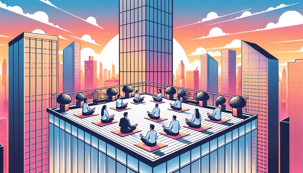 animation-of-employees-practicing-mindfulness-meditation-on-the-roof-of-an-office-building